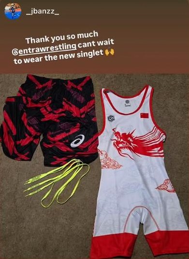 Red and white singlet with matching shorts and laces
